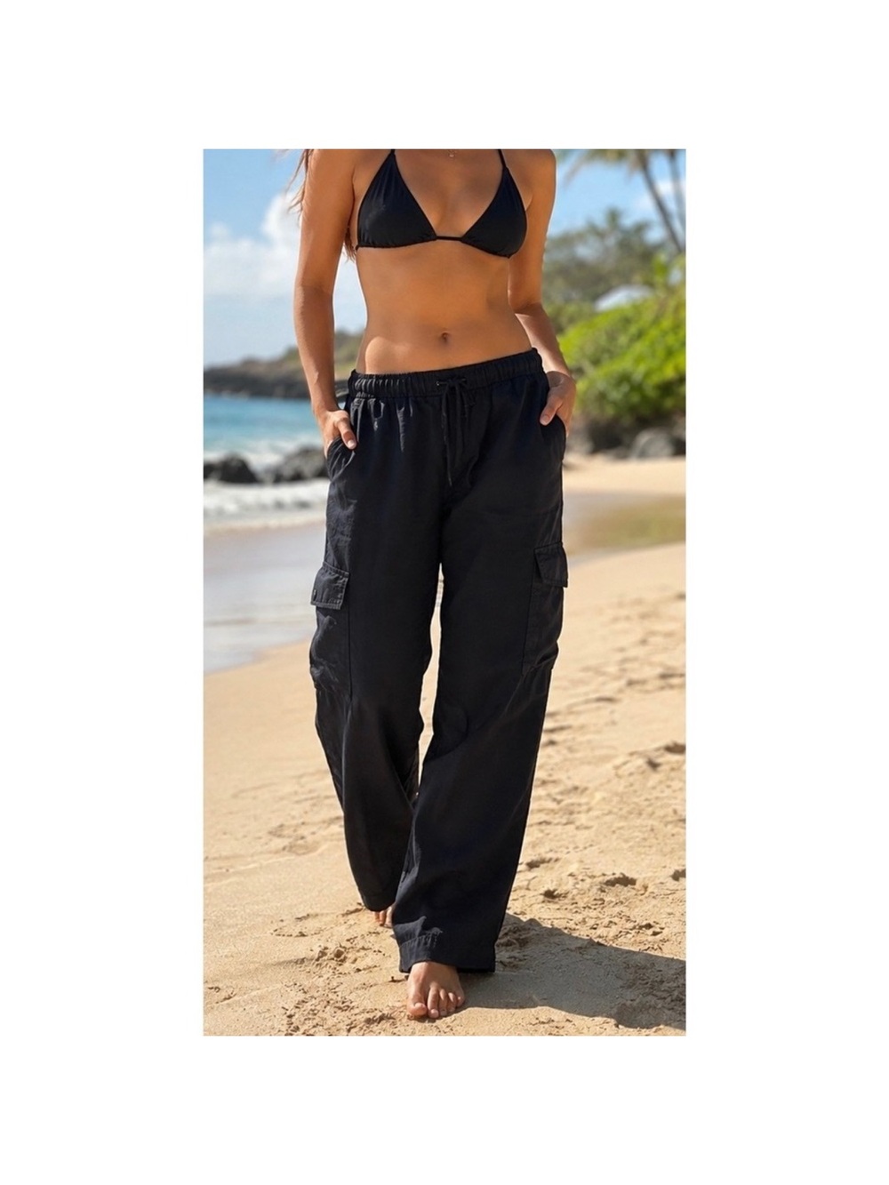 Gap Womens Black Linen Blend Cargo Pants Elastic Waist Drawstring Wide Leg L